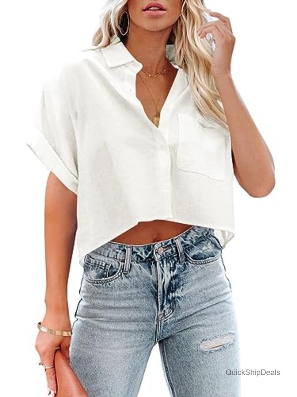 Women's Cotton Cropped Button Down Shirt Casual Long Sleeve Blouse